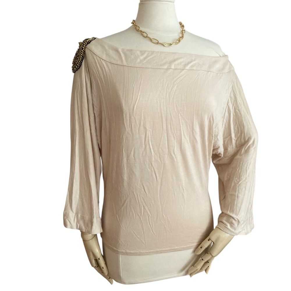 KARINA GRIMALDI | Off-Shoulder Nude Relaxed Top Blouse Shoulder Appliqué Size S